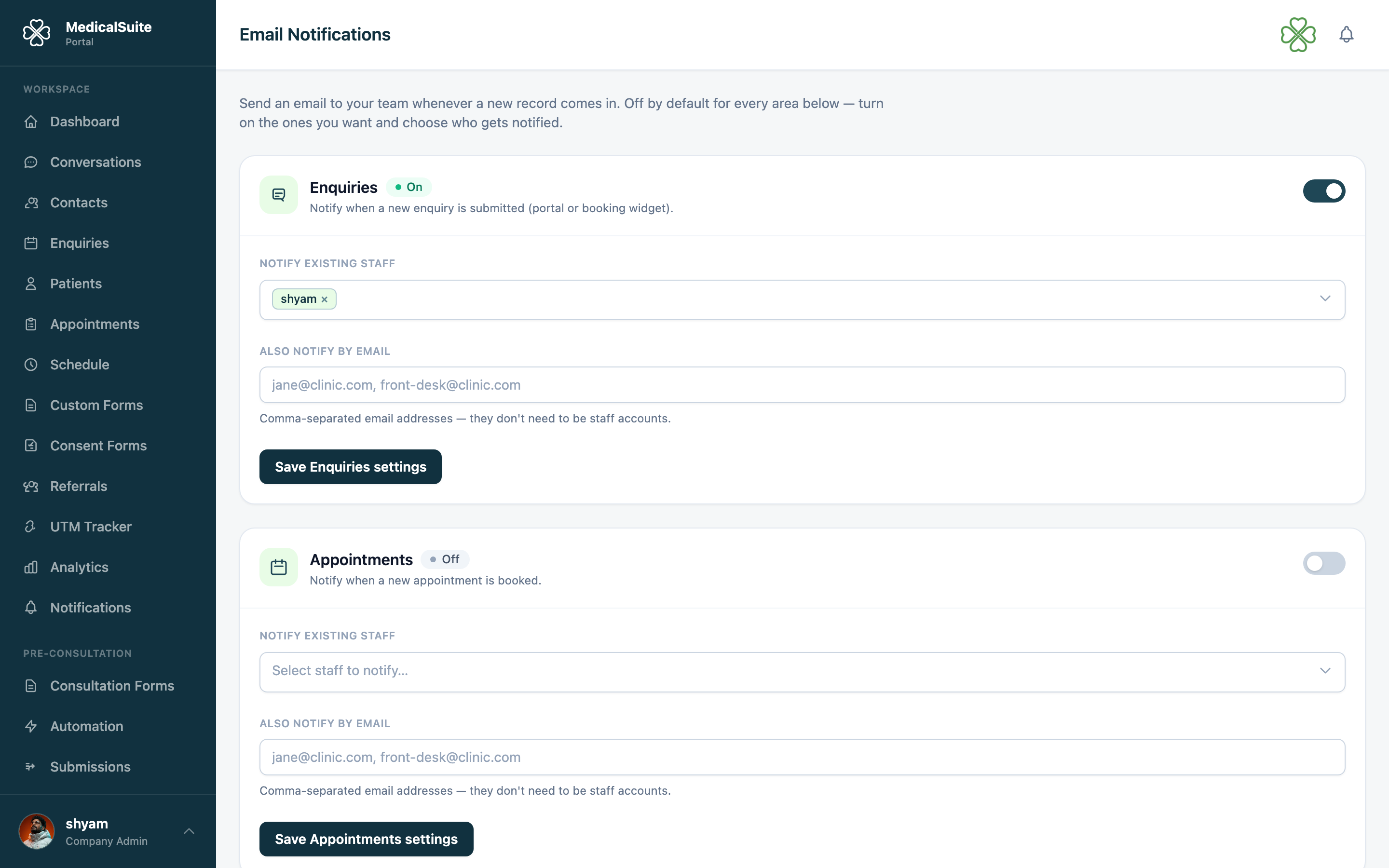 Email Notifications settings page