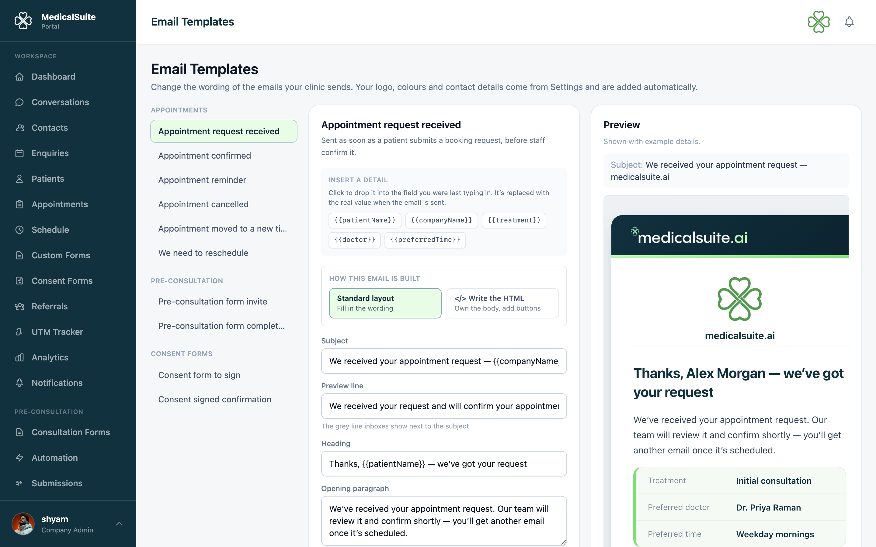 Email Templates page