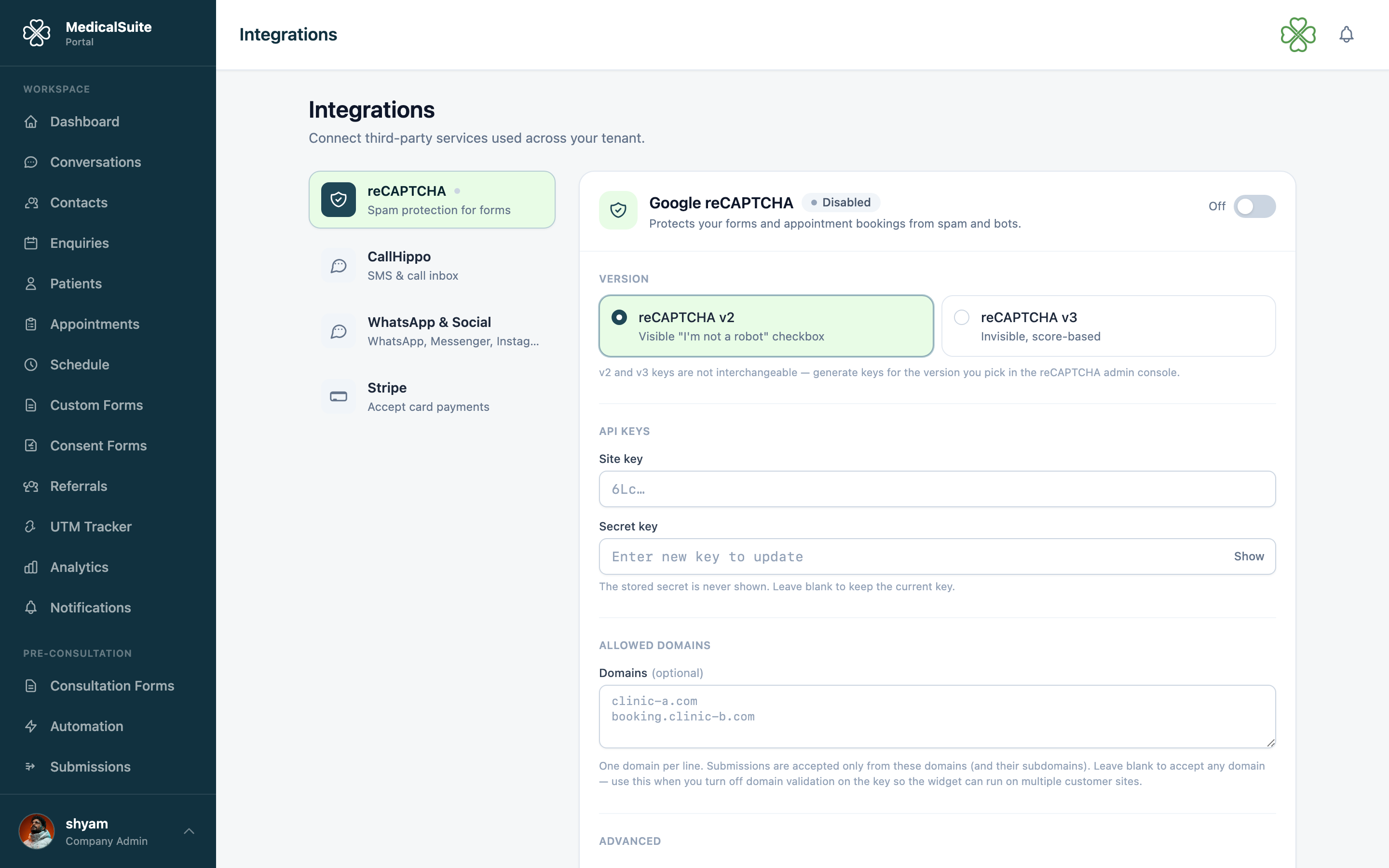 The Chatbot card on the Integrations page
